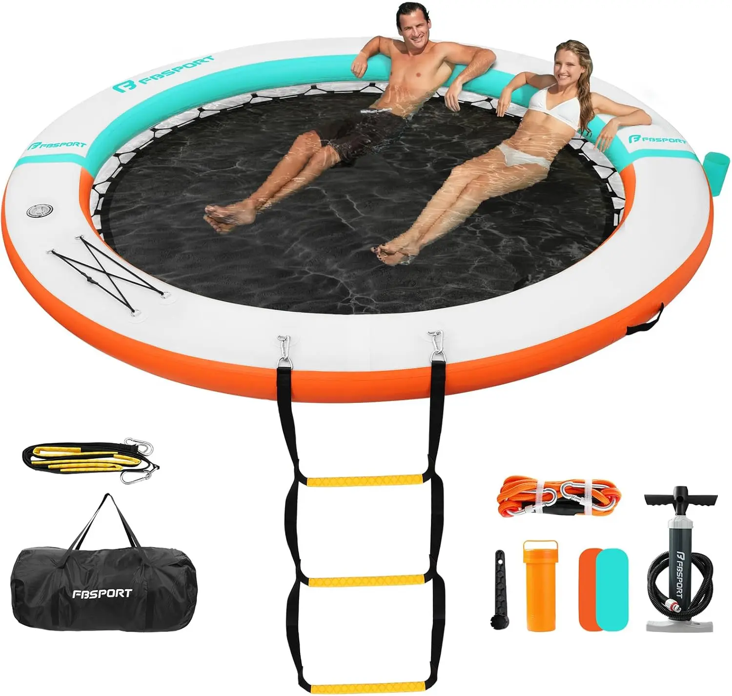 FBSPORT Inflatable Water Hammock Round Floating Ring, 8ft Inflatable Dock Floating Platform for Lake W/Cupholder, Sun Float Chill Raft Float Ring Tanning Pool Lounger Island Platform Pad