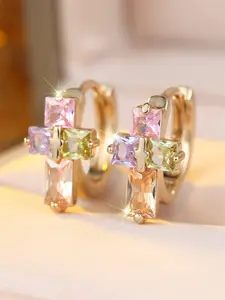 1 Pair Vintage Rainbow Synthetic Zircon Golden Plated Hoop Earrings, Elegant Cross Design Ear Cuffs, Trendy Sweet Jewelry for Girls & Women
