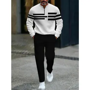 Men's Two-Piece Set Includes New Zipper Pullover Long-Sleeve Polo Shirt & Stylish Sports Pants Perfect for Christmas Gift Athletic Activewear Tracksuit Tracksuit Outfit Casual Breathable Sportswear