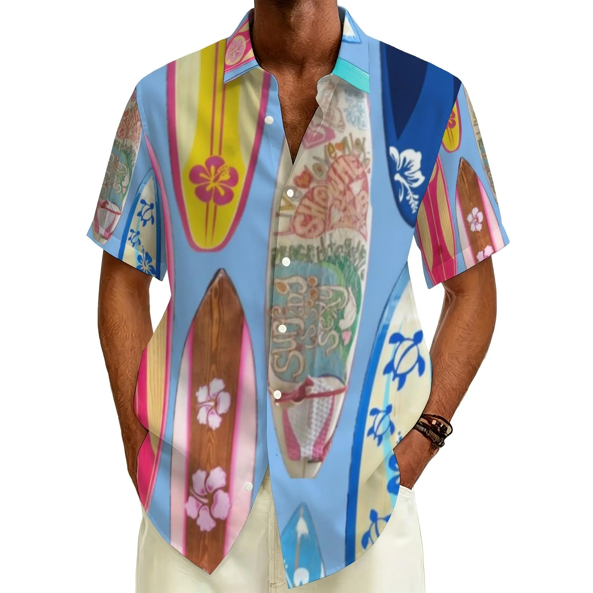 Men's Light Blue Menswear Tropical Short-Sleeve Button-Down Shirt - Polyester Blend, Colorful Vintage Surfboard Print, Casual Personalized Surf Style Summer Beach Vacation Top
