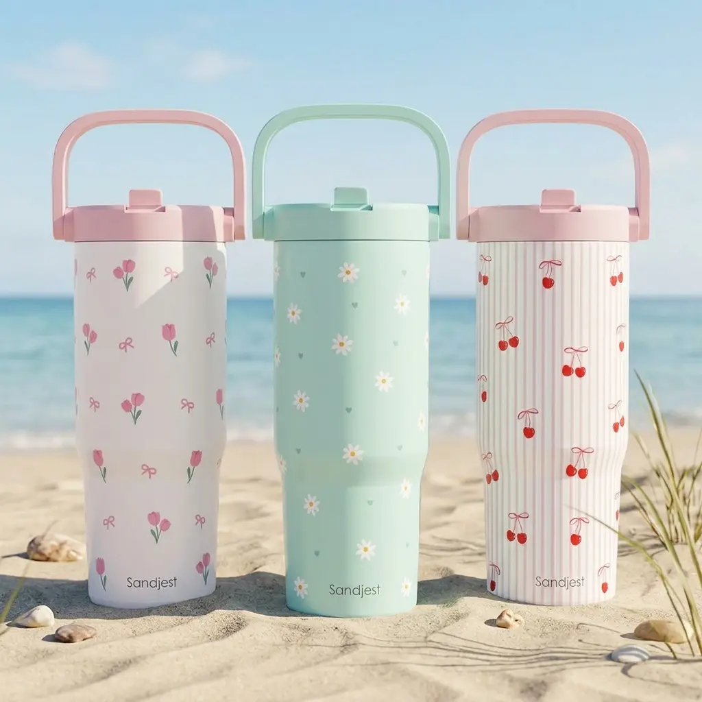 SANDJEST Floral 30oz Insulated Tumbler with Straw Lid & Carry Handle, Leak Proof Stainless Steel, Cupholder Friendly, Great for Travel, Gift for Her