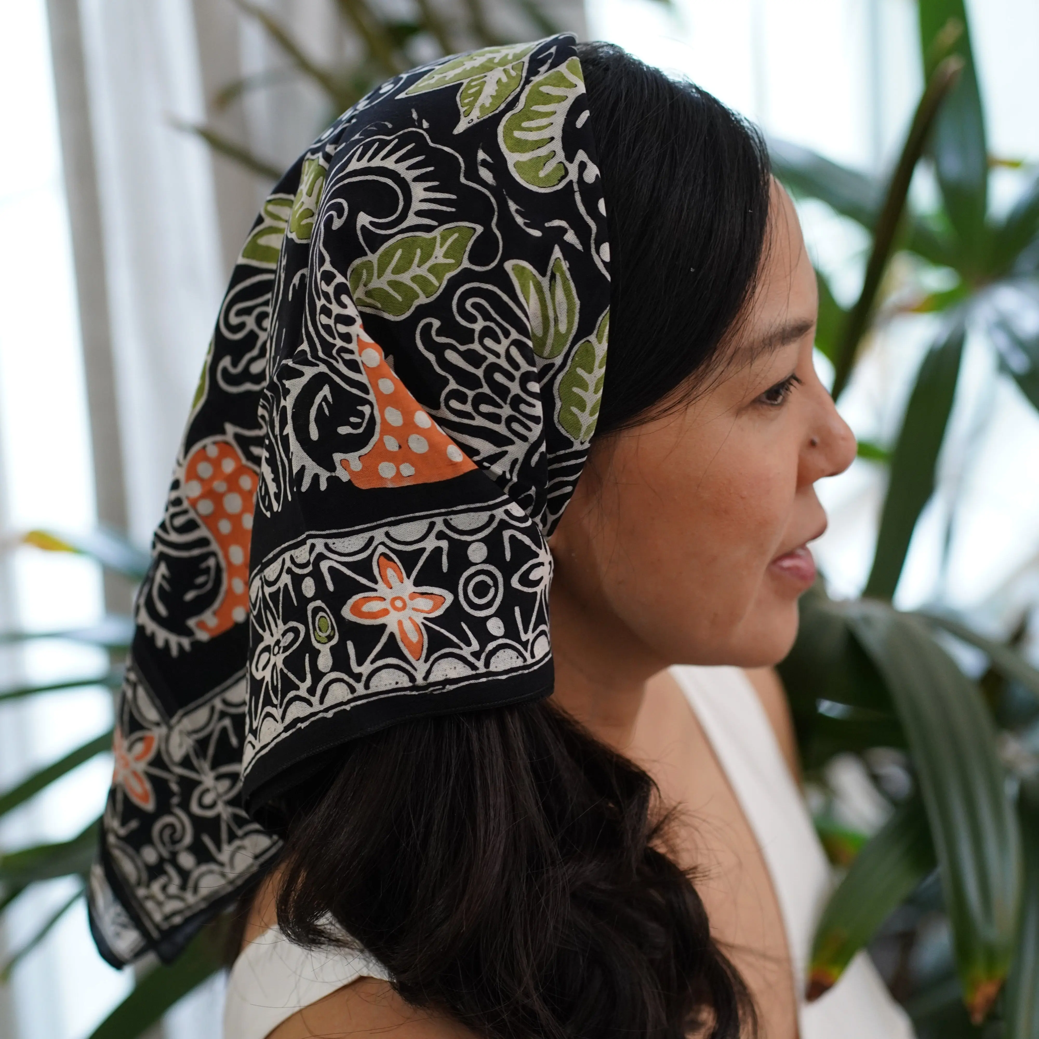 Hand Dyed Batik Bandana, 100% Soft Cotton, Dusk Petals, Black, Orange
