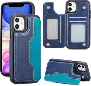 Phone Case for iPhone 11 Wallet Case with Card Holder Leather Phone Case Card Slots Kickstand Shockproof RFID Blocking Duble Magnetic Clasp Protective Cover for Women Men, Blue-Green
