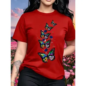 100% Cotton, Multi-Color Optional, Shiny Butterfly Sticker Pattern Women's Fashion Casual T-shirt, Short Sleeve round Neck Top, Birthday Gift, Travel Vacation, Party, Sweet and Elegant