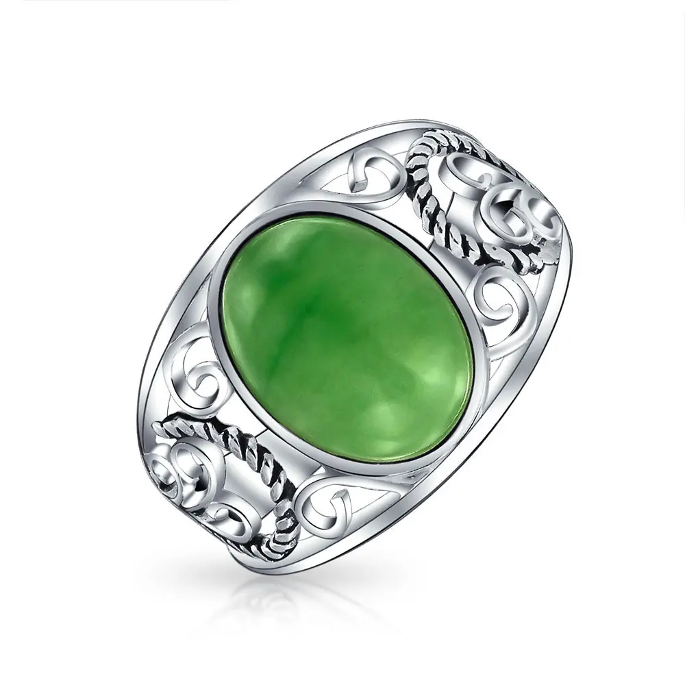 Boho Bali Silver Ring Green Jade Cabochon Filigree Design