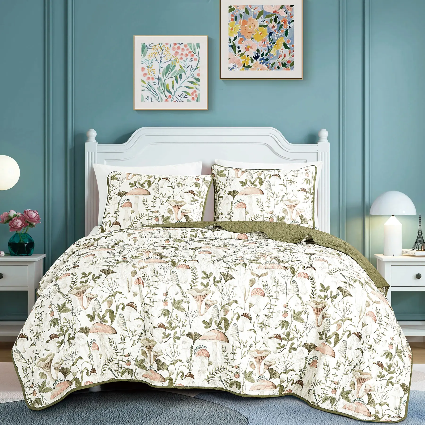 Natural  Versatile  Comfortable Quilt Set -various plants pattern.  Available in  King or Queen Sizes.  Cooling Fiber– Queen/King Sizes. Soft Breathable Bedding for Hot Sleepers, Summer Comforter , Wrinkle & Fade Resistant/Gift for Mom / Wife / Grandma
