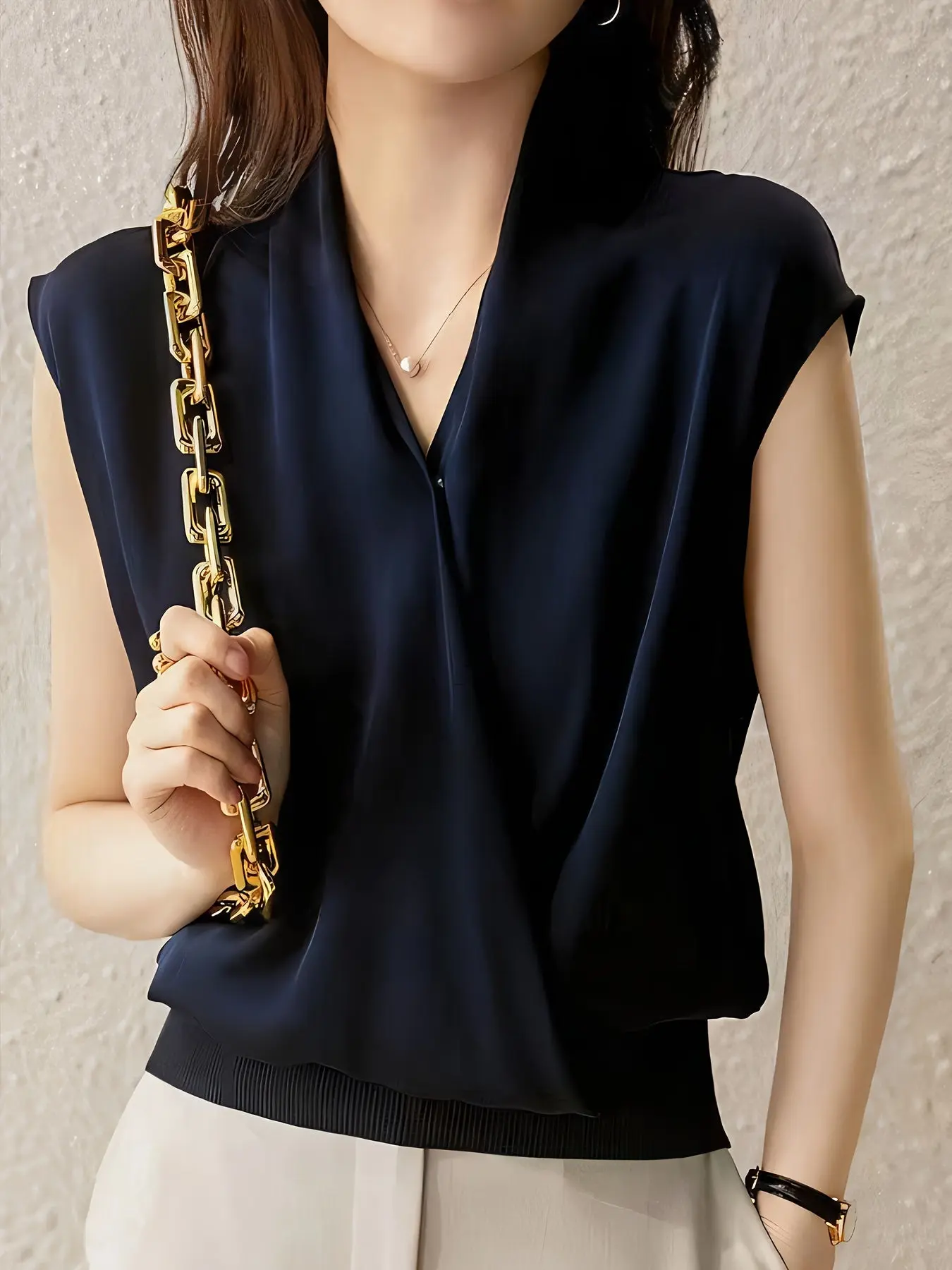 Elegant Surplice Neck Blouse - Sleeveless, Solid Color, French Style, Summer