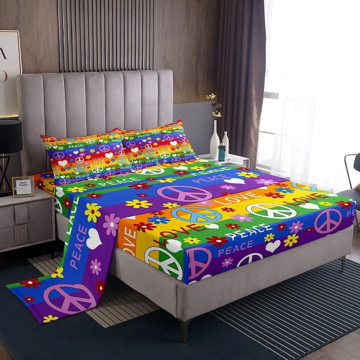 Hippie Peace Art Bed Sheets Set Rainbow Sheet Set Room Decor Cartoon Retro Hippie Flower Love and Peace Sign Artwork Sheets with Deep Pocket Fitted Sheet Colorful Bedding Set