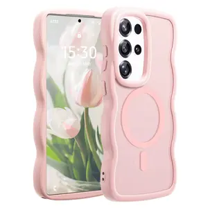 Samsung Galaxy S25 Edge Phone Case MagSafe Compatible Cute Wavy Magnetic Design Translucent Matte Hard Back Soft Silicone Bumper Protective Hot Pink for Women Girls