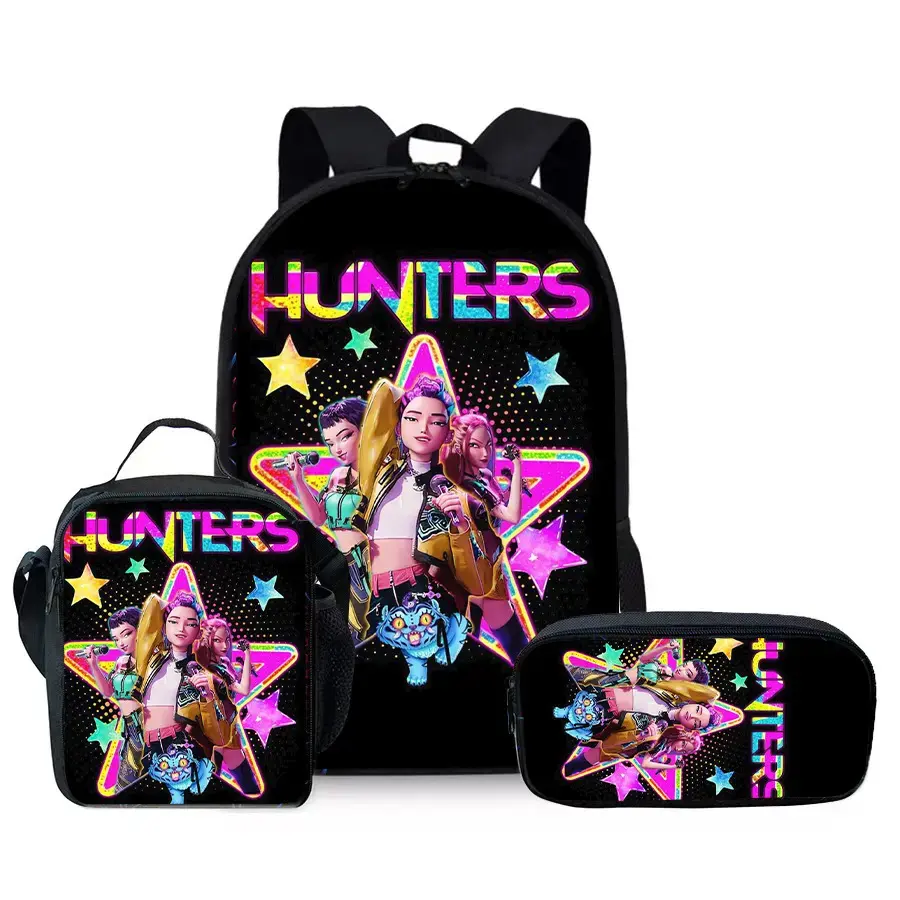 3Pcs 16 Inch Cartoon Anime Girl Print Backpack Set for Women Teen Girls, Black Neon Star Large Capacity School Backpack with Insulated Lunch Bag and Pencil Pouch, Lightweight Water Resistant Multi-Pocket Casual Daypack for School Travel Daily Shopping