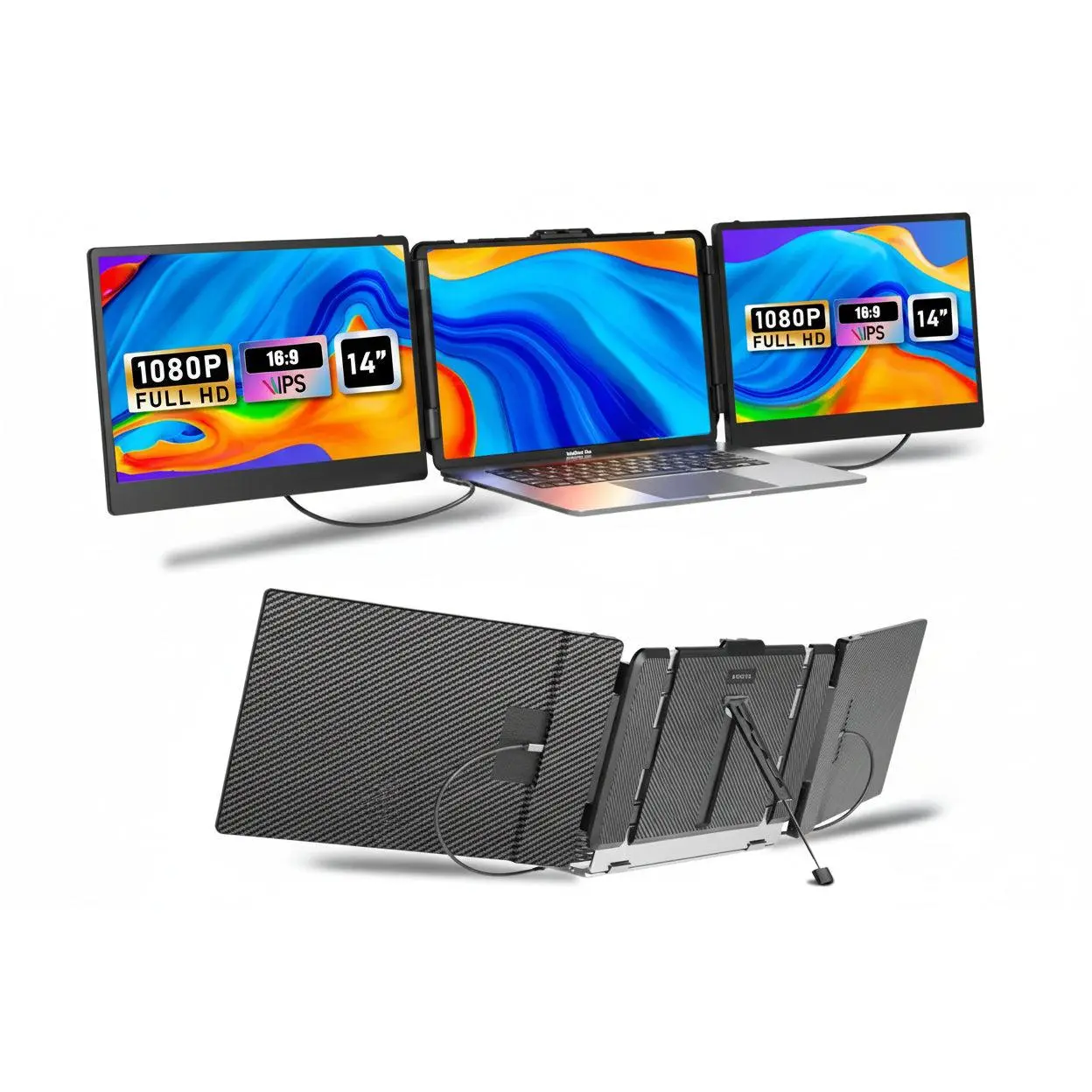 S2 Triple Monitor for Laptop – 14" HDMI/USB-C Extender, Plug & Play 1080P HD Portable for 13-17.3" Laptops