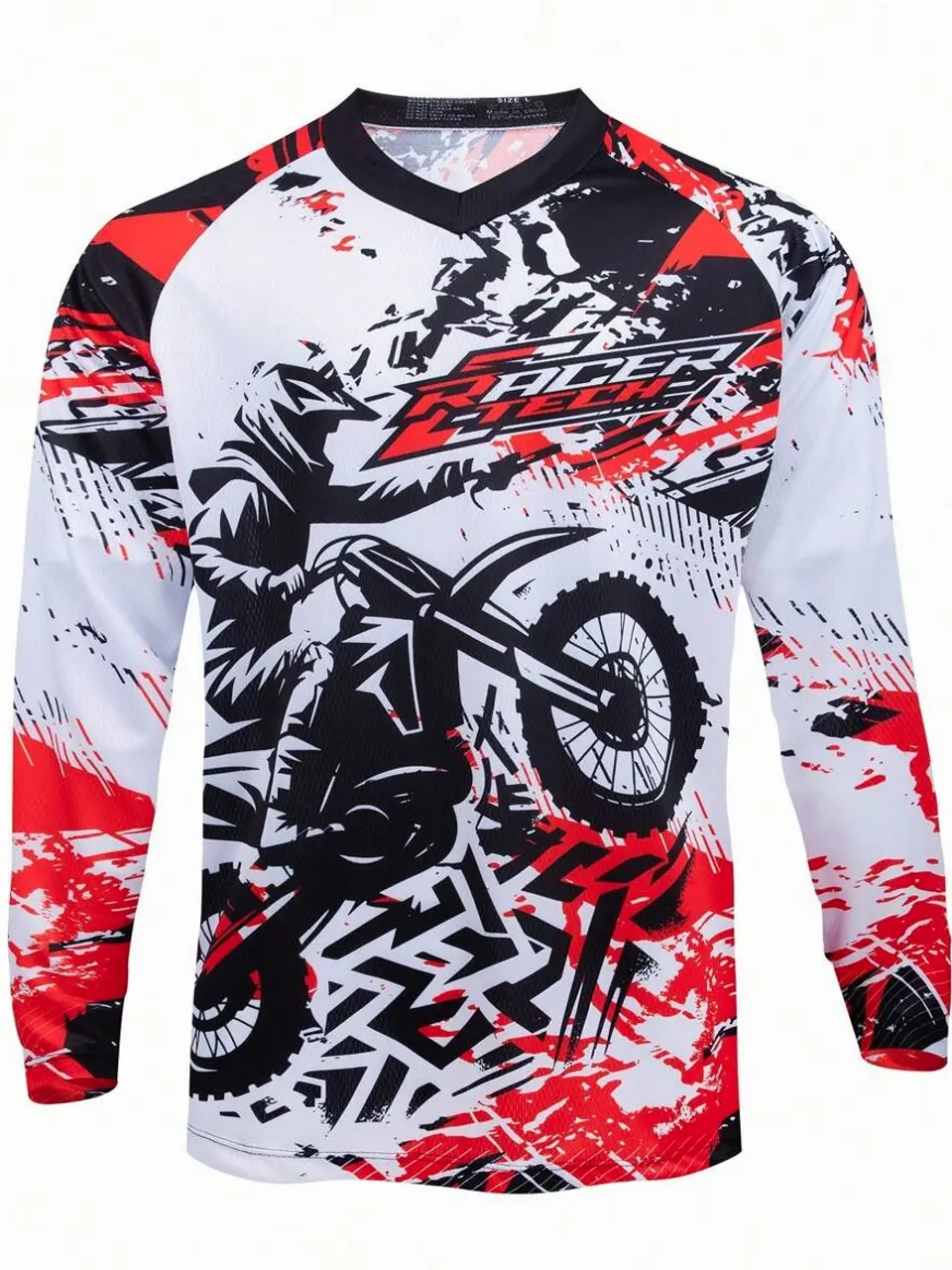 RAC Motocross Racing Jersey, Polyester 100% Breathable Moisture-Wicking Long Sleeve V-Neck Top With Raglan Sleeves For Cycling, Hiking & Outdoor Activities - Laser Cut Print Design