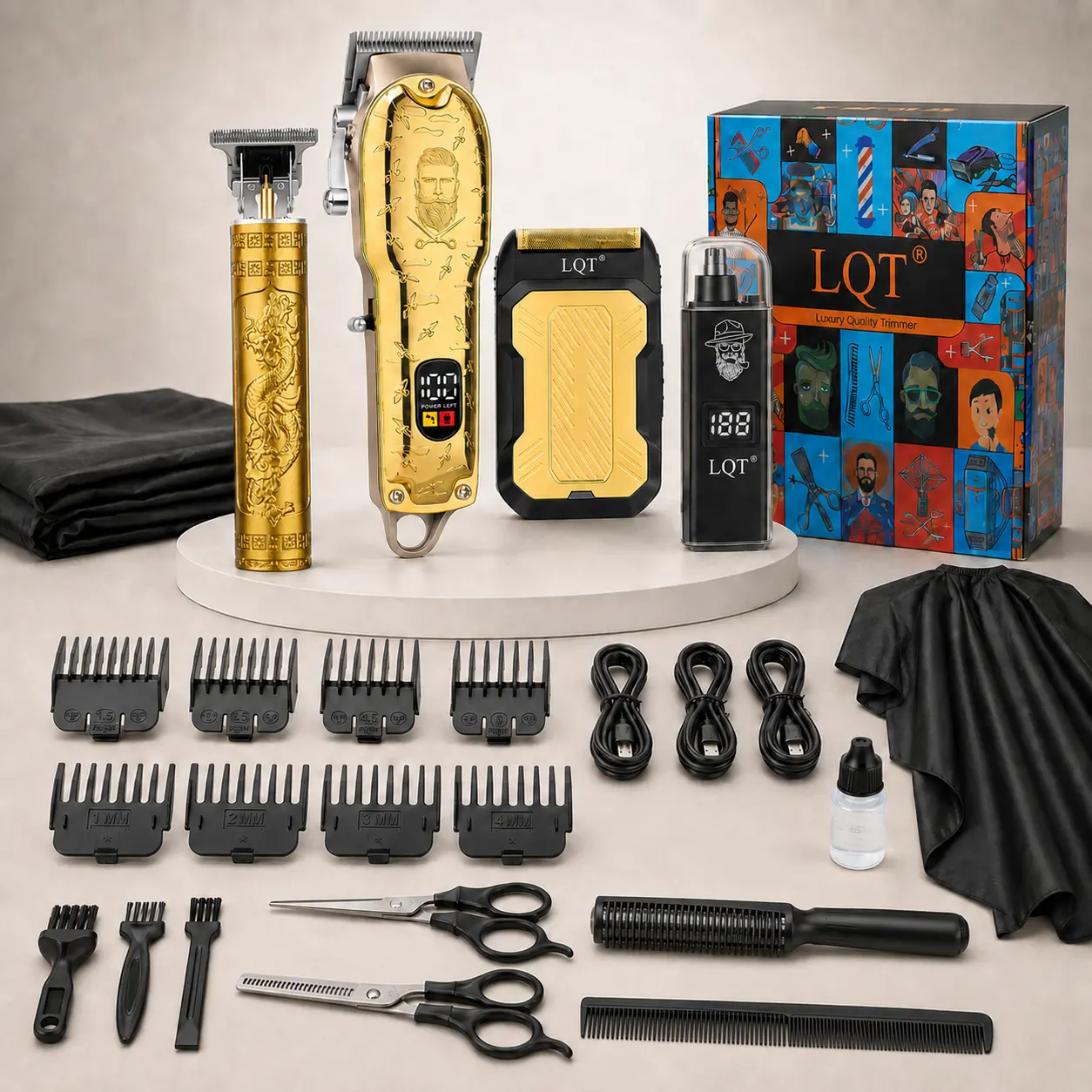 LQT Luxury 4-Piece Barber Set, Adjustable Cordless Men's Hair Clippers - USB Rechargeable Grooming Kit with T-Blade Trimmer, Foil Shaver, Nose Trimmer, LED Display, USB Fade Clipper, for Home Haircut, Cordless Beard Trimming, Ideal Gift