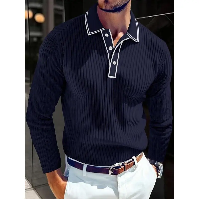 Men's Long Sleeve Polo Shirt, Jacquard Fabric Collared Top, Business Casual Wear, Regular Fit, Suitable for Work & Formal OccasionsGift
