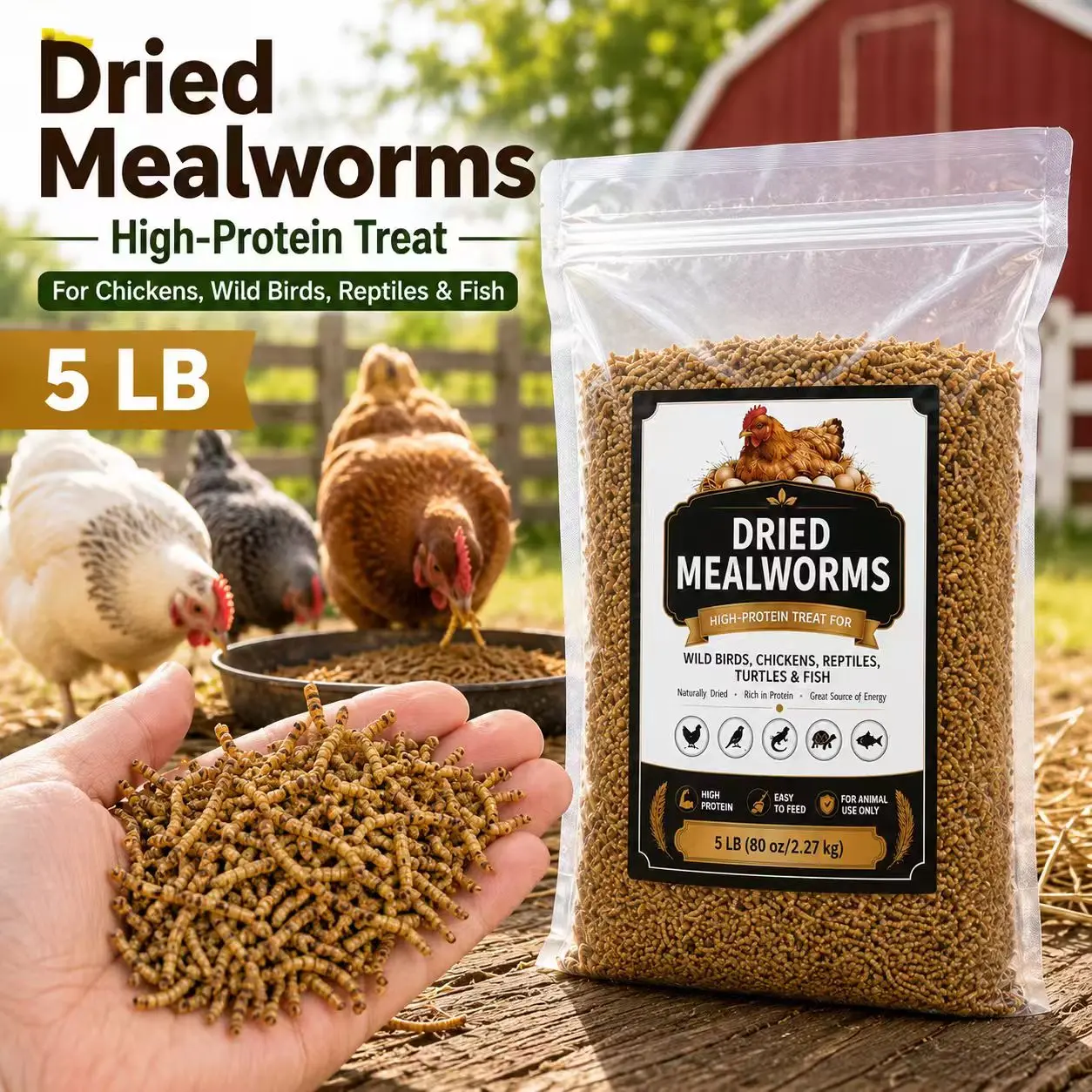 5 LB Bulk Bag Dried Mealworms - Dried Insects Large Packs, Natural Protein Boost, Healthy Growth Nutrition Aid, Supplemental Food for Backyard Poultry