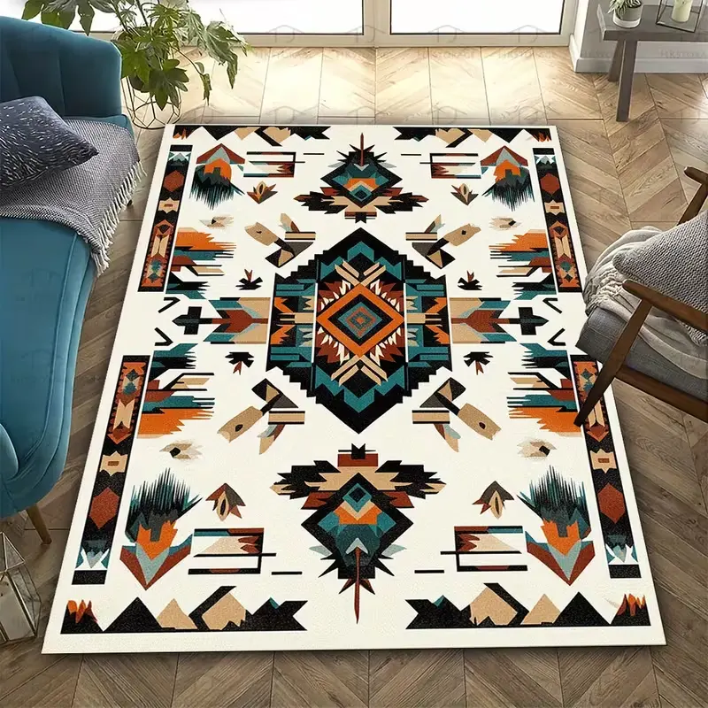 Bohemian Style Area - Non-Slip Durable Mat with Vibrant Tribal Patterns For Living Room, Bedroom, Office, Camping, Picnic, Patio