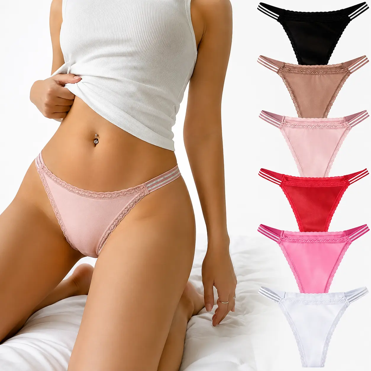 ORLAROY Women's Decorative Lace Seamless No-Show Thongs - 6-Pack Satin Panty for Everyday Wear, Compatible with Outfits, Bottoms, Slip Underwear Feminine Floral