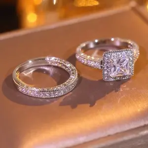 Princess-style Bride Ring, Geometric Light Luxury Style Dress Accessories, Wedding Engagement Ring, Two-piece Set, Lady's Ring Set, Retro Wedding Ring, Ring Band Inlaid Synthetic Zirconia Couple Ring