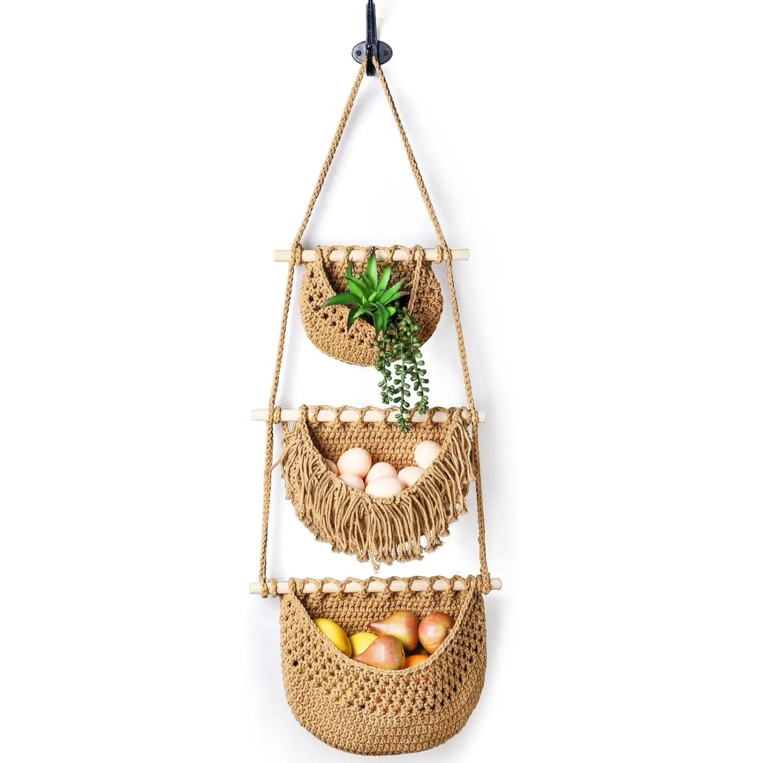 3 Tier Hanging Fruit Basket, Wall Hanging Vegetable Fruit Baskets Cotton Woven Storage Baskets for Organizing, BOHO Wall Basket Decor, Over the Door Organizer for Kitchen, Bedroom, Bathroom