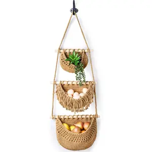 3 Tier Hanging Fruit Basket, Wall Hanging Vegetable Fruit Baskets Cotton Woven Storage Baskets for Organizing, BOHO Wall Basket Decor, Over the Door Organizer for Kitchen, Bedroom, Bathroom