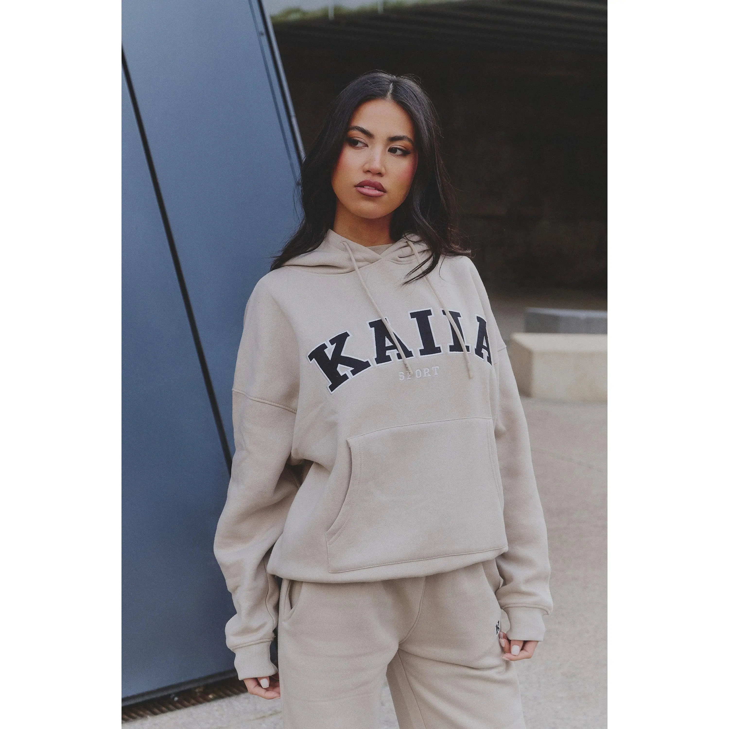 Kaiia Slogan Oversized Hoodie Almond