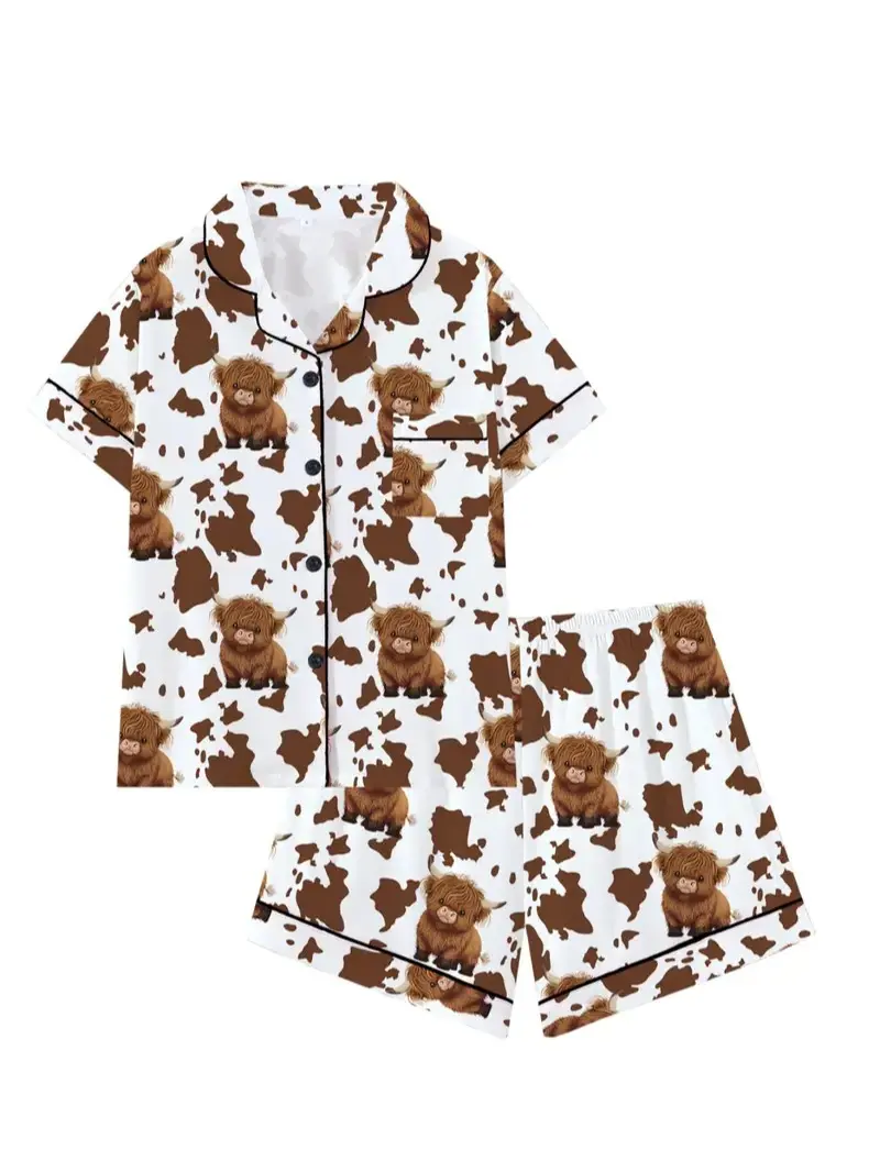 Cute Animal Cow Print Pattern Teen Sleepwear Loungewear Set, Loose-Fitting Short Sleeve Pajamas, Comfortable All Season Nightwear