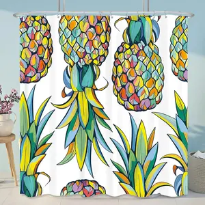 72x72 Inch Pineapple Fruit Tropical Shower Curtain for Bathroom Decor Summer Green Leaves Blue and Yellow Art Printed Fabric Waterproof 12 Pack Plastic Shower Hooks