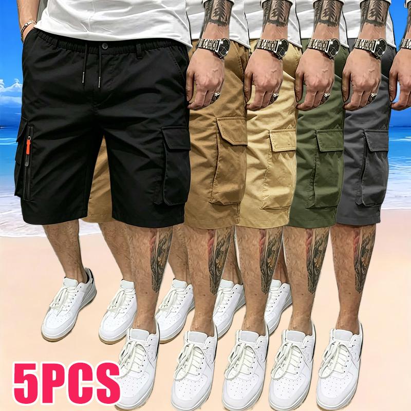 5-Pack Men’s Sport Casual Cargo Shorts — Multiple Pockets, Drawstring Elastic Waist, Decorative False Zipper; Suitable for Outdoor Hiking, Daily Running, and Commuting 5-Pack Men’s Sport Casual Cargo Shorts — Multiple Pockets, Drawstring Elastic Waist, Decorative False Zipper; Suitable for Outdoor Hiking, Daily Running, and Commuting
