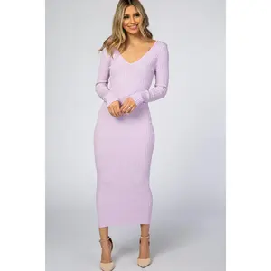 Lavender V-Neck Long Sleeve Fitted Maxi Dress
