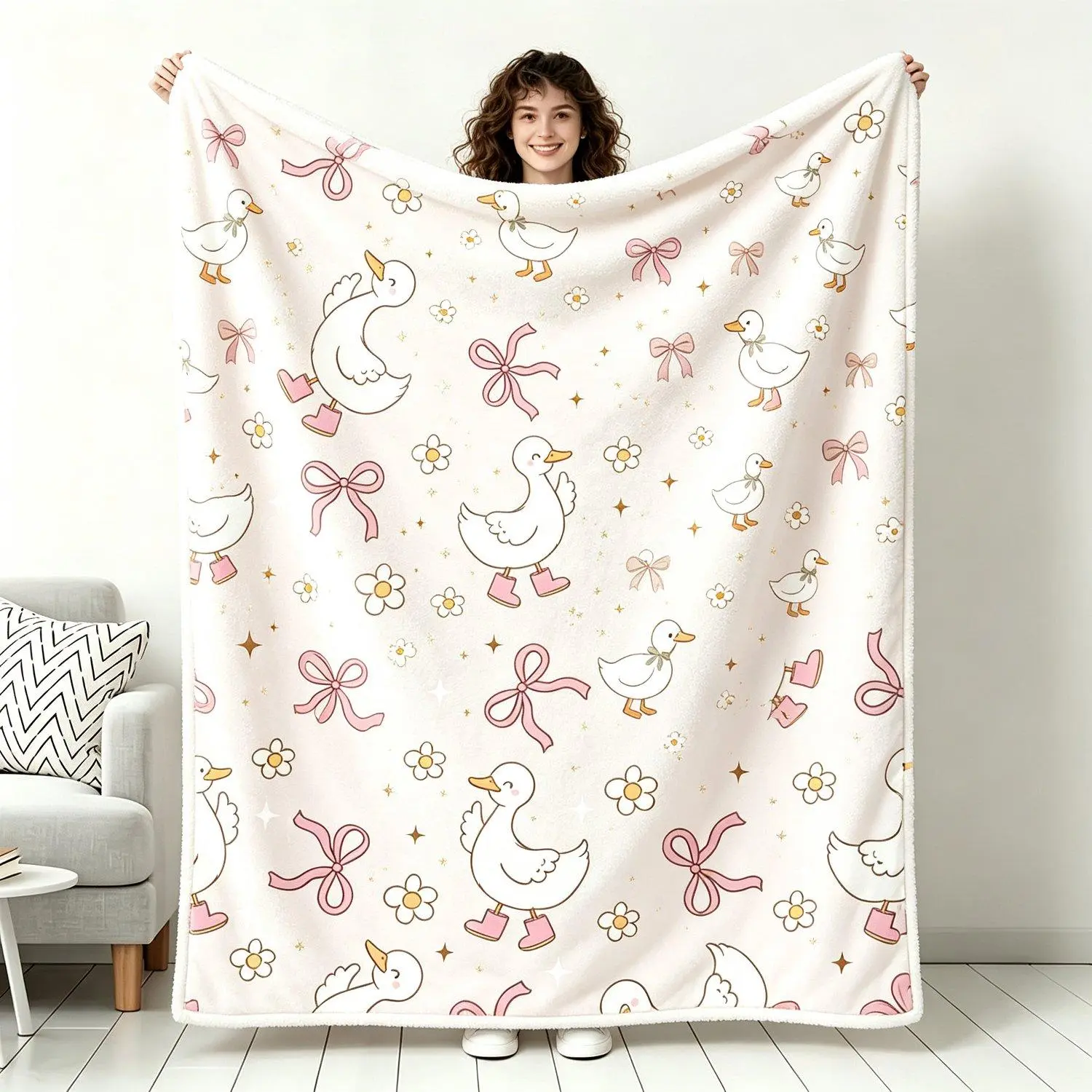 Cute Goose Duck With Pink Boots Daisy Bow Print Soft Flannel Throw Blanket Cozy Aesthetic Room Decor Gift For Girls