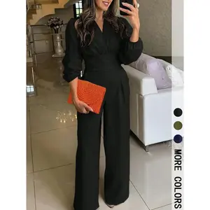 Women's Solid Color Puff Sleeve Wide-Leg Pleated Jumpsuit , Structured Material & Cutout Waist Detail & High-Waisted Silhouette & Fitted & Loose Legs & Multi-Color Options 1pc