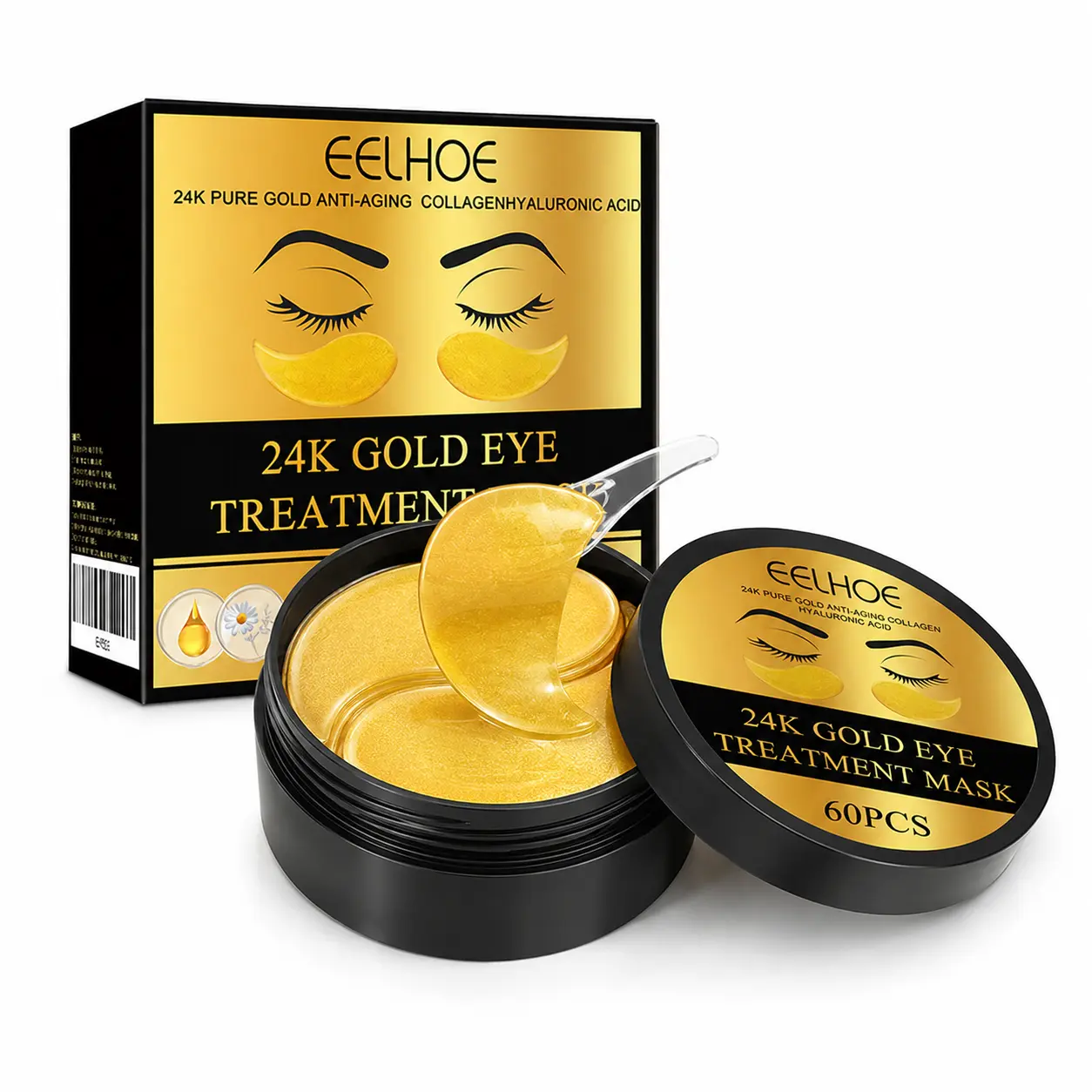 24K Gold Hydrogel Under Eye Patches, 60 Patches 30 Pairs with Hyaluronic Acid and Collagen, Cooling Hydrating Eye Masks for Fresh-Looking Under Eyes