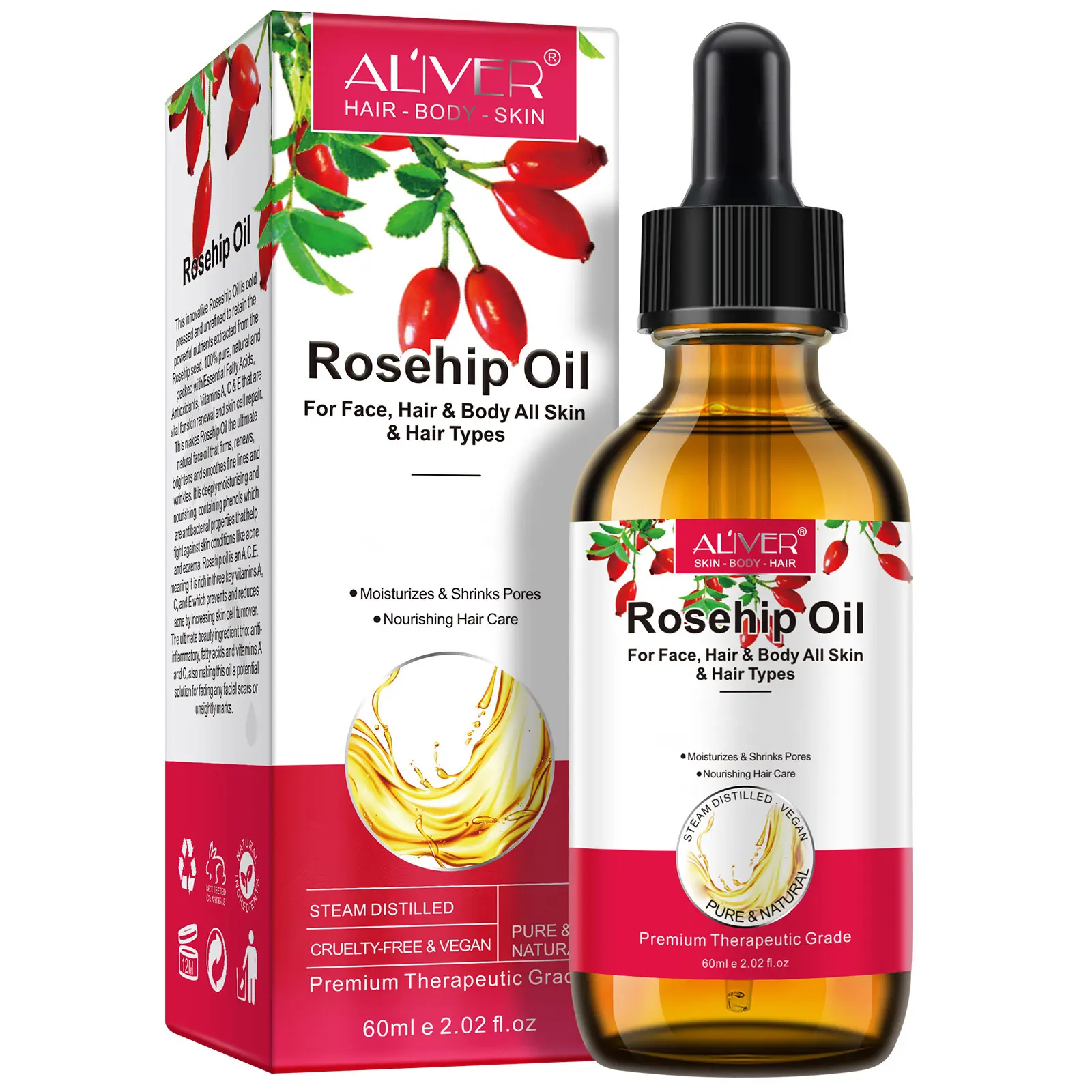 【Gua Sha Oil】Aliver Rosehip Oil, with Gua Sha Massage Tool for Body & Skin -(60ml/2.02Fl Oz)