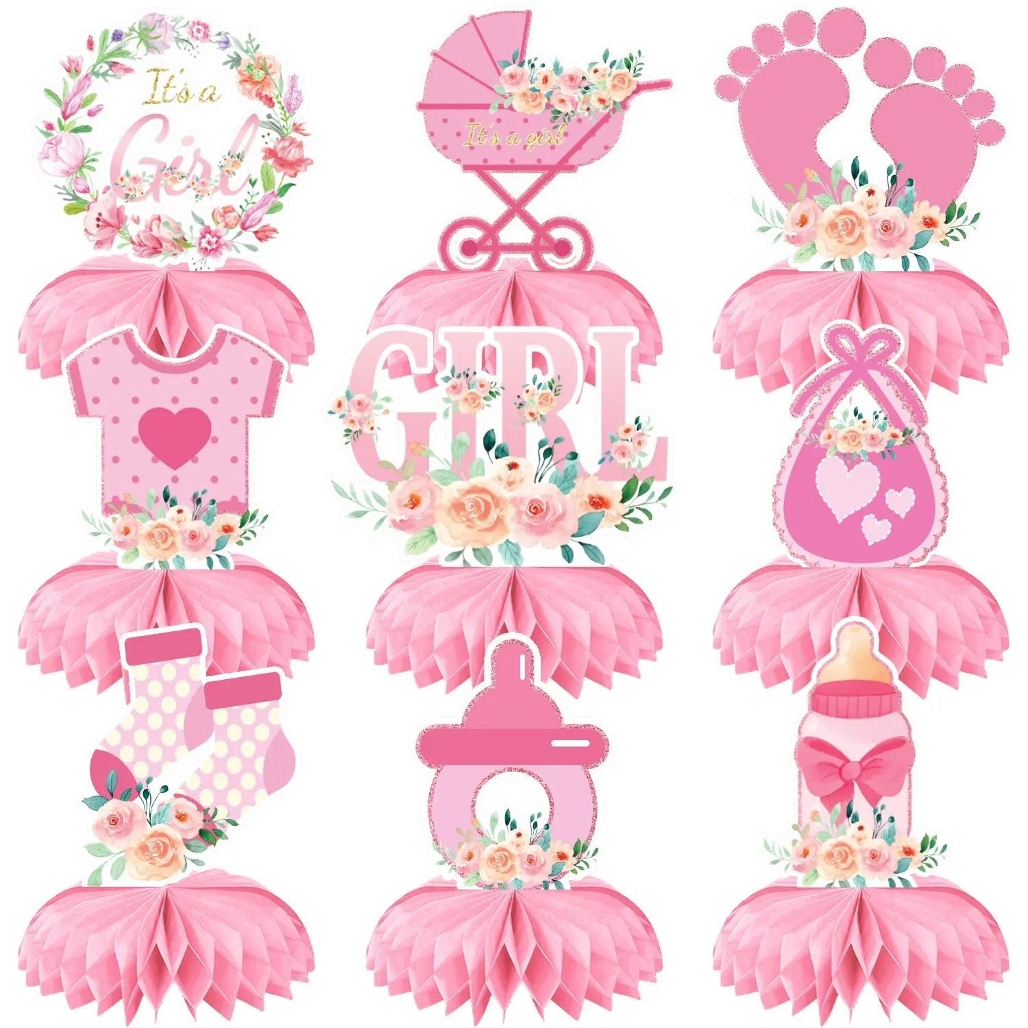 9 Pcs Pink Floral Flower Gender Reveal Decorations Gender Reveal Table Honeycomb Centerpiece Decorations Pink Baby Shower Birthday Party Home Event Supplies Set Lightweight
