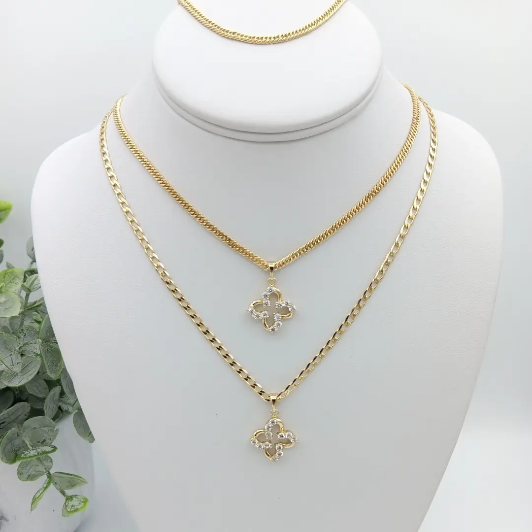 Yordy Elegant Set of Chain and Handle with Flor de la Fortuna Cuban Link Chain 14k Gold Bath High Quality Women's Jewelry