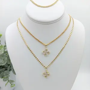 Yordy Elegant Set of Chain and Handle with Flor de la Fortuna Cuban Link Chain 14k Gold Bath High Quality Women's Jewelry