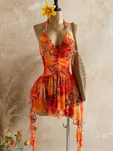 Elegant Floral Halter Dress, Backless Waist Cinching Irregular Hem Beach Babe Gown, Romantic Vacation Style Knit Mesh Print Dress