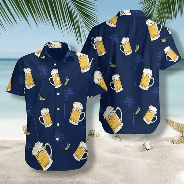 Glass Of Beer Cheers Palms At Night Design Hawaiian Shirt | Cool Summer Anime Vibes for Men & Fans