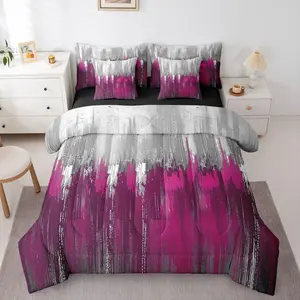 Greyish Gradient 7 Piece Bedding Set,White Pink Comforter Set with Sheets Ombre Vintage Chic Abstract Art Bed in a Bag Modern Farmhouse Graffiti for Teens Men Women