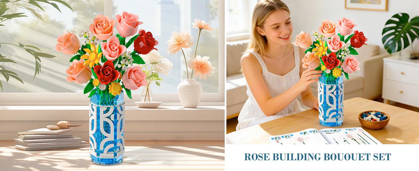 14 Flowers Bouquet Building Set with Vase and LED Light, Mother's Day 747 PCS Mini Roses Flower Botanical Building Blocks Toy, Birthday Gifts for Adults, Artificial Roses Flowers Home Decor 14 Flowers Bouquet Building Set with Vase and LED Light, Mother's Day 747 PCS Mini Roses Flower Botanical Building Blocks Toy, Birthday Gifts for Adults, Artificial Roses Flowers Home Decor