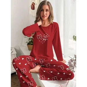 Women's Red Heart Theme Bow Pattern Pajama Set, Comes with Long Sleeve Round Neck Top and Elastic PantsRAIMENTRY