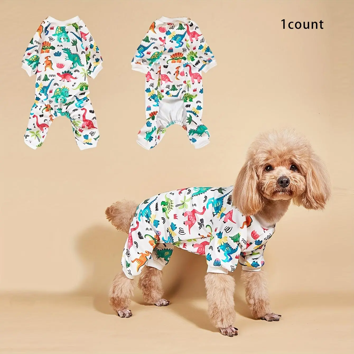 Cartoon Dinosaur Print Pet Jumpsuit, Multicolor Cute Poodle Pet Jumpsuit, Comfort Pet Shirt Clothes for Summer Party, Puppy Clothes