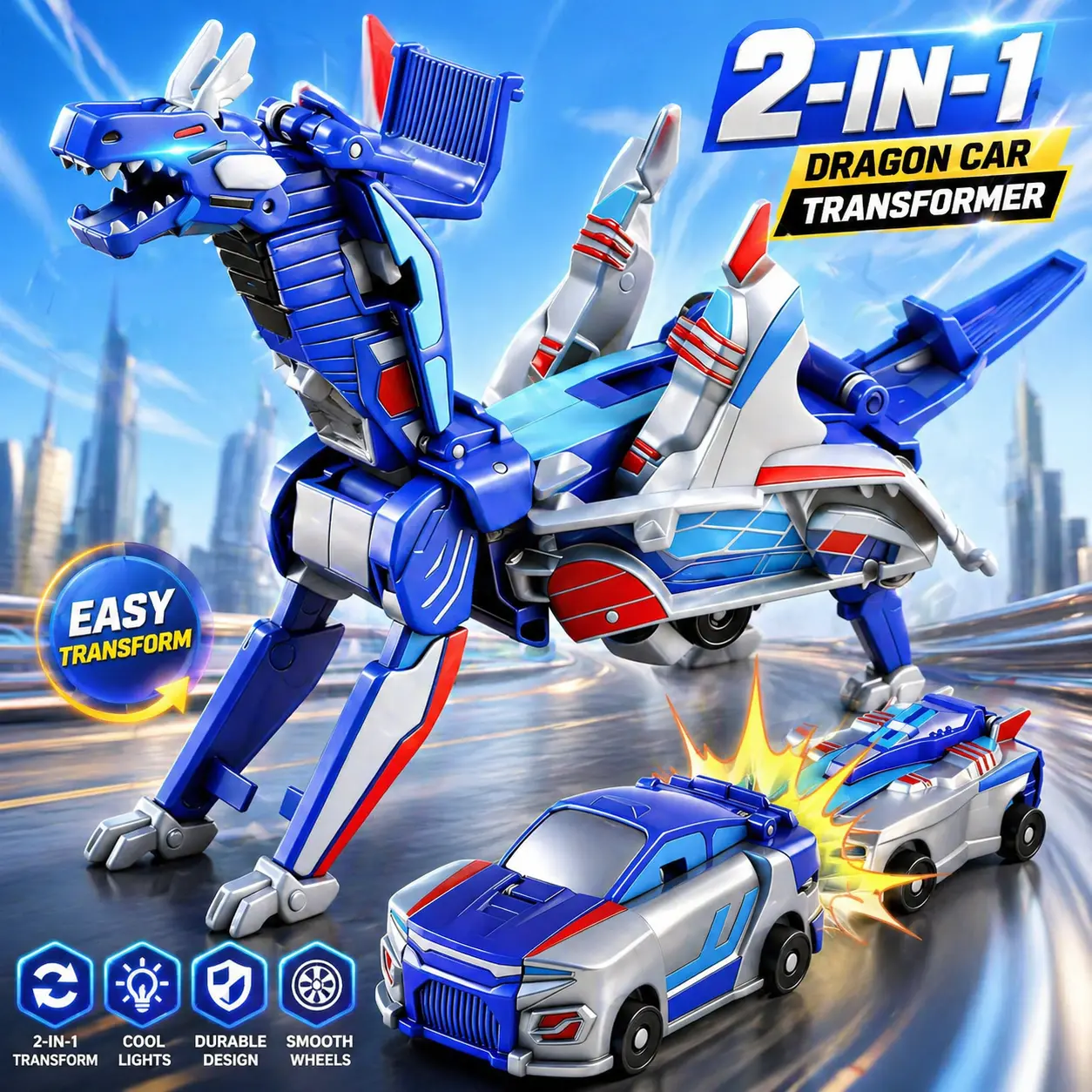 Transforming Robot Car Dinosaur Toy for Kids, 2 in 1 Deformable Race Car and Dino Robot Action Toy, Friction Powered Vehicle Gift for Boys