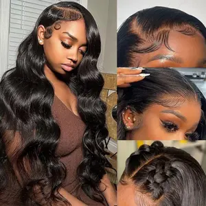 Shewell Wig  Transparent Lace 100% Human Hair , Pre-cut Lace, Glue-less, Drawstring, Black Body Wave Full Wig，Beginner-friendly