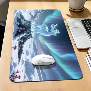 Premium Luminous Ice Deer Under Northern Lights Illustration High Quality Mouse Pad Modern Office Gaming Comfort Experience Non?Slip Durable For Daily Work And Play  40*80 Size.