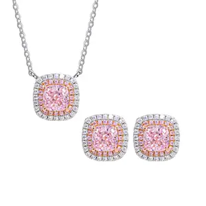 Elegant & Romantic 925 Sterling Silver Pink Cubic Zirconia Ear Studs & Necklace Jewelry Set for Women — Versatile Style for Party Weddings Marriages And Birthdays