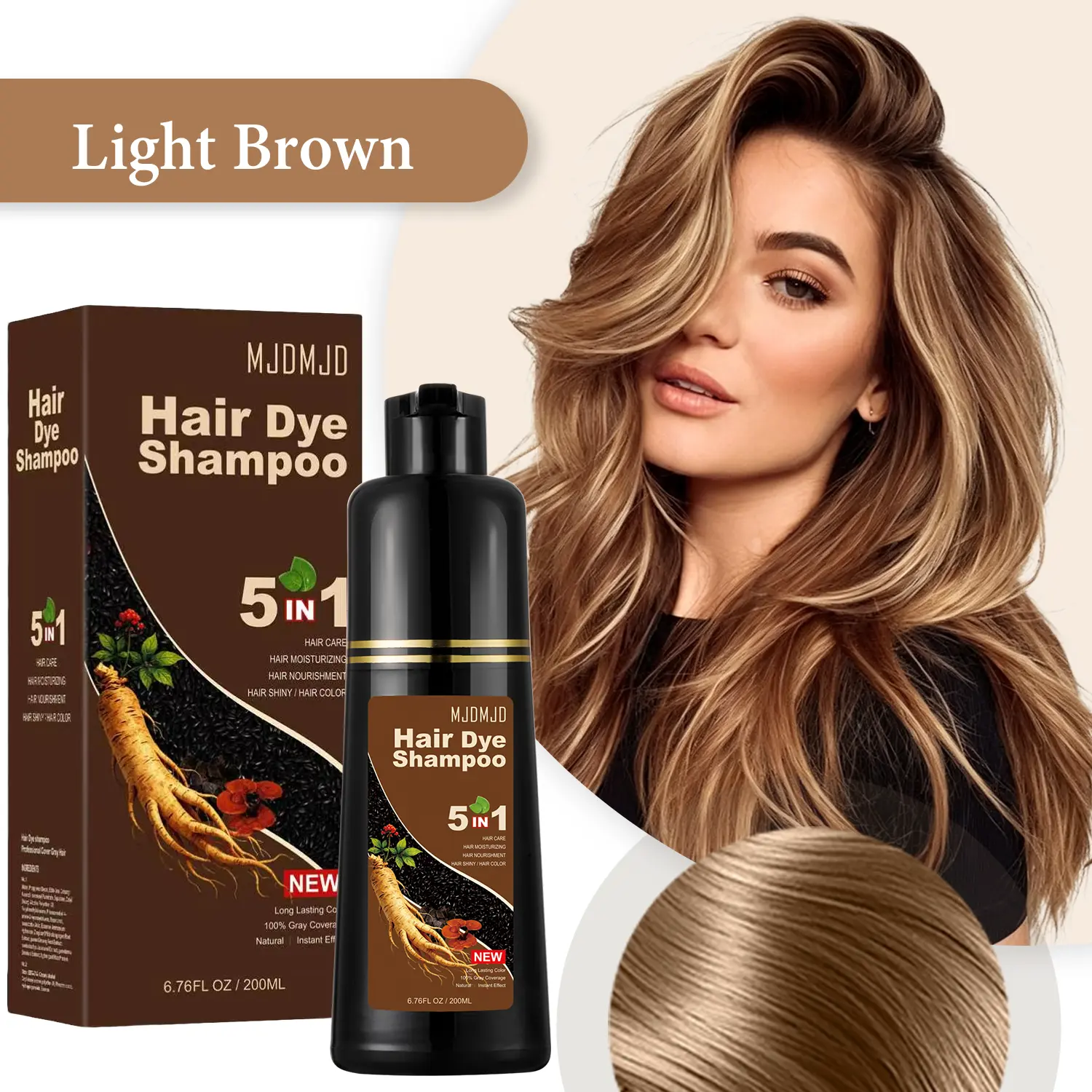 Light Brown Hair Dye Shampoo for Women & Men, 20 Min Natural-Looking Color, At-Home Semi-Permanent Hair Color Shampoo, Plant-Based, Non-Damaging, Gentle on Scalp, Up to 5 Uses, Lasts 4-6 Weeks