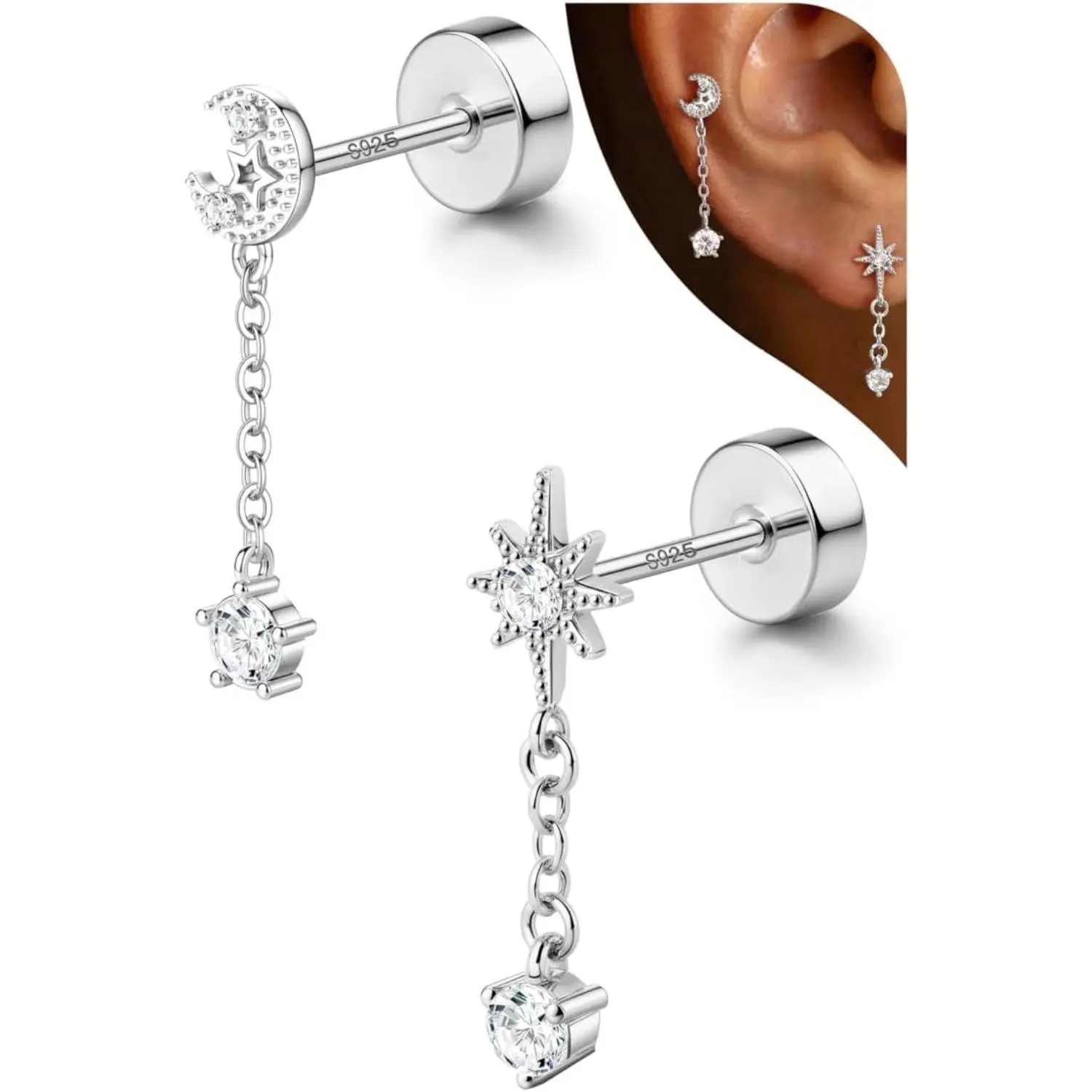 Silver Tone-Dangle Sun & Moon