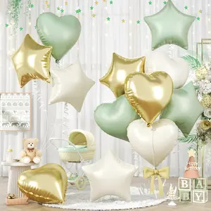 Golden green heart balloons, 12 sage green gold 45.72cm heart shaped balloons and star aluminum foil balloons, suitable for decorating baby parties, birthdays, bridal showers, wedding anniversaries, and graduation parties for boys and girls