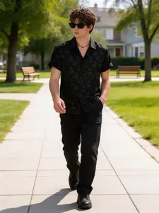 Men's Vintage Chinese-Style Shirt and Pants Set, Autumn Fashionable Trendy Men's Date Outfit, Casual Outdoor Party Wear, Lapel Short-Sleeve Top Clothes Menswear Suit Aesthetics Classic Cultural Matching Stylish Gamis Beige